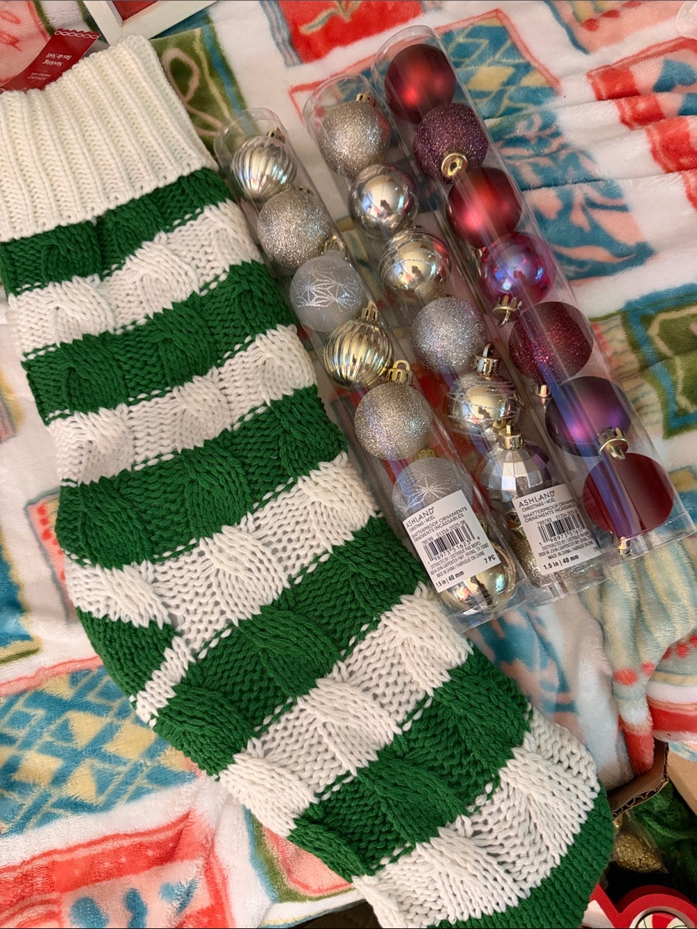 Green & White Holiday Knit Stocking and ornament balls